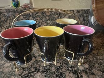 Vintage MCM Set Of 5 colored Mugs In Original Wire Caddy.