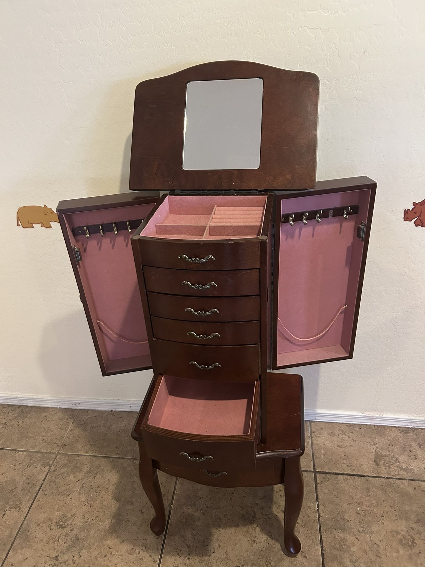 Wooden Jewelry Armoire Chest Storage Cabinet with Drawers and Interior Mirror