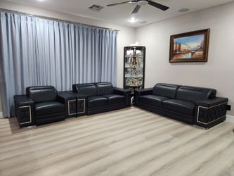 Genuine leather couch set Sofa Loveseat Chair with silver accents