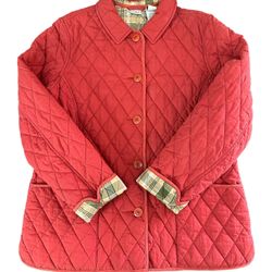 L.L. BEAN QUILTED Coat Women’s Large Pink Plaid Lined Button Riding Chore Barb