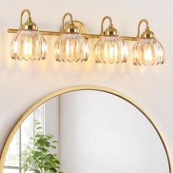 Vintage Brass Vanity Lights with Amber Tulip Glass Shade