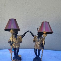 Pair Vintage Bronze Black Baroque Blackamoor Statue Lamp Candle Sarreid 15" Tall