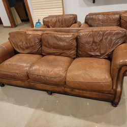 Brown Leather Couch, Love Seat, Chair, Foot Rest, And Coffee Table