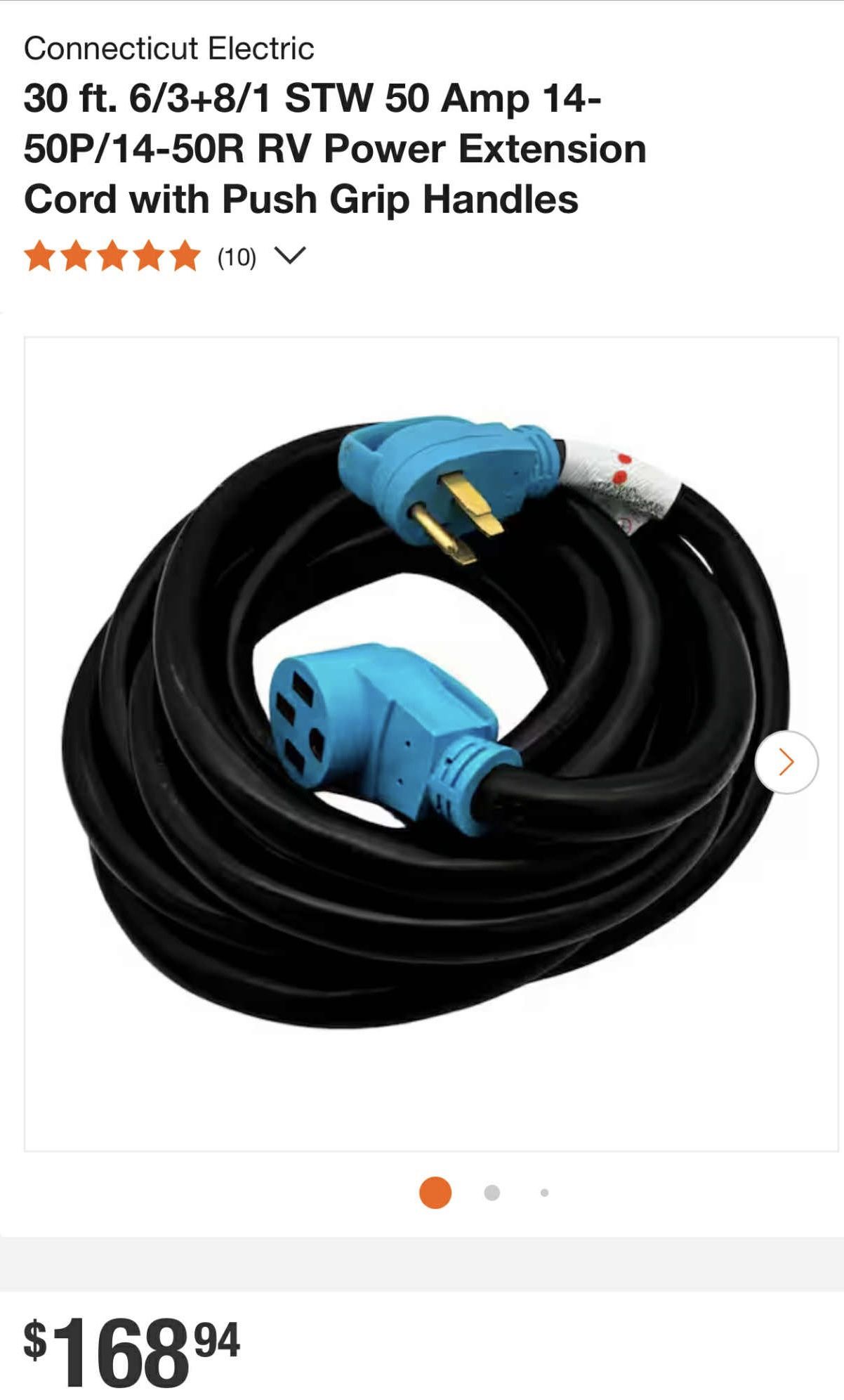 30 ft 50 Amp RV Power Extension Cord with Push Grip Handles