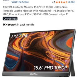 ARZOPA Portable Monitor 15.6'' FHD 1080P - Ultra-Slim Portable Laptop Monitor with Kickstand - IPS Display for PC, MAC, Phone, Xbox, PS5 - USB C & HDM