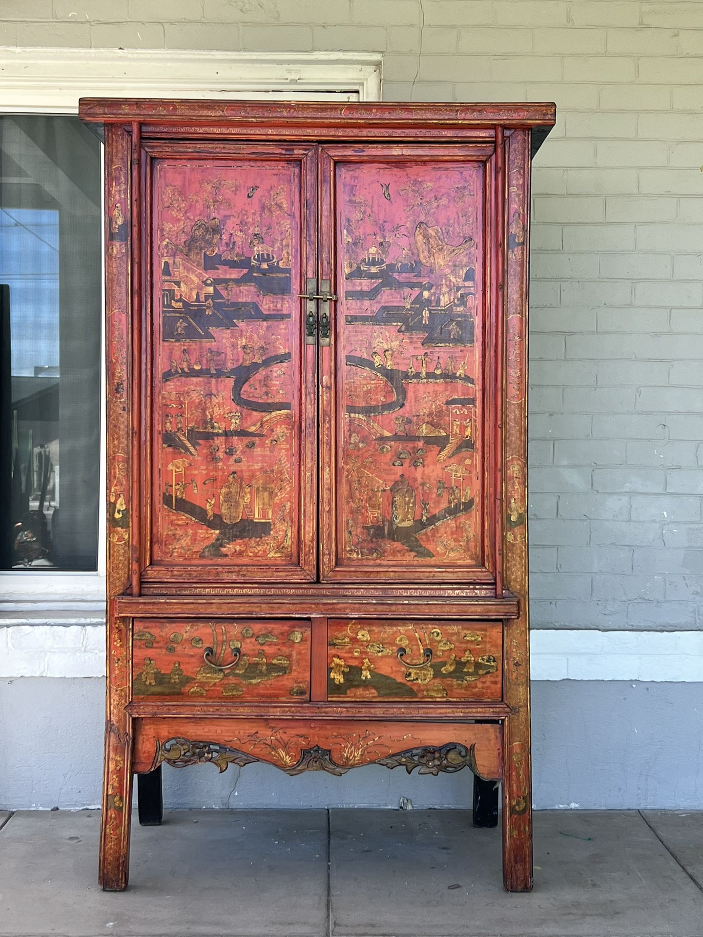 Large Hand Painted Red Lacquer Asian Chinoiserie Cabinet