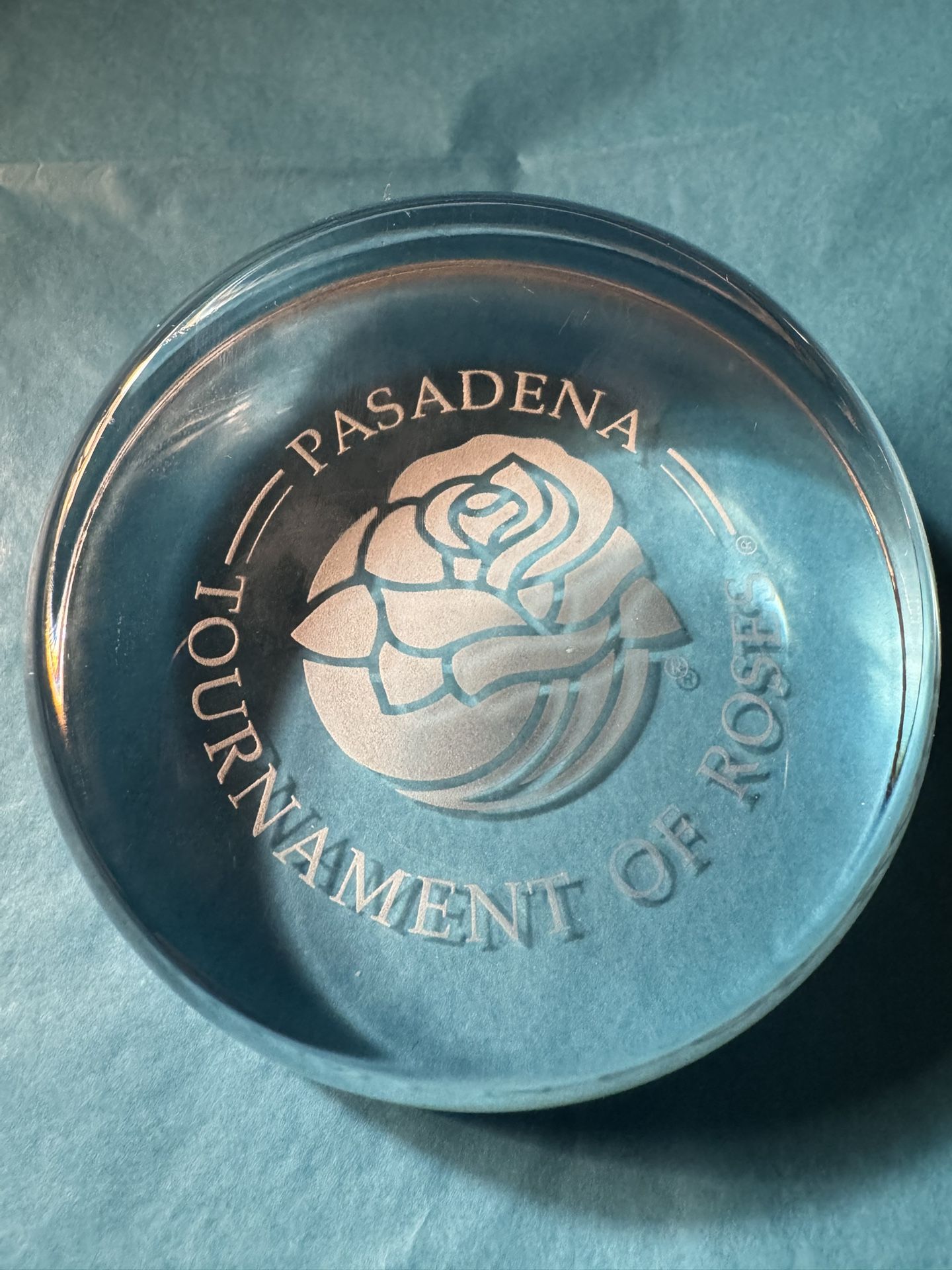 Pasadena Tournament of Roses half Dome Paperweight Clear Glass Etched