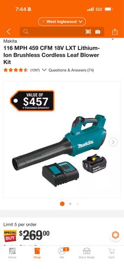 Makita 116 MPH 459 CFM 18V LXT Lithium-lon Brushless Cordless Leaf Blower Kit