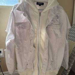 White Denim Jacket with Hoodie – Trendy Layered Style (Size 1X)