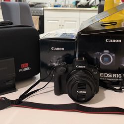 Canon R100 with RF-S18-45mm f/4.5-6.3 IS STM Lens + Case + Storage 128 gb + Canon Lente RF50mm F1.8