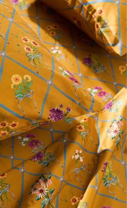 Anthropologie Yellow Floral Bouquet Print Sheet Set - Queen