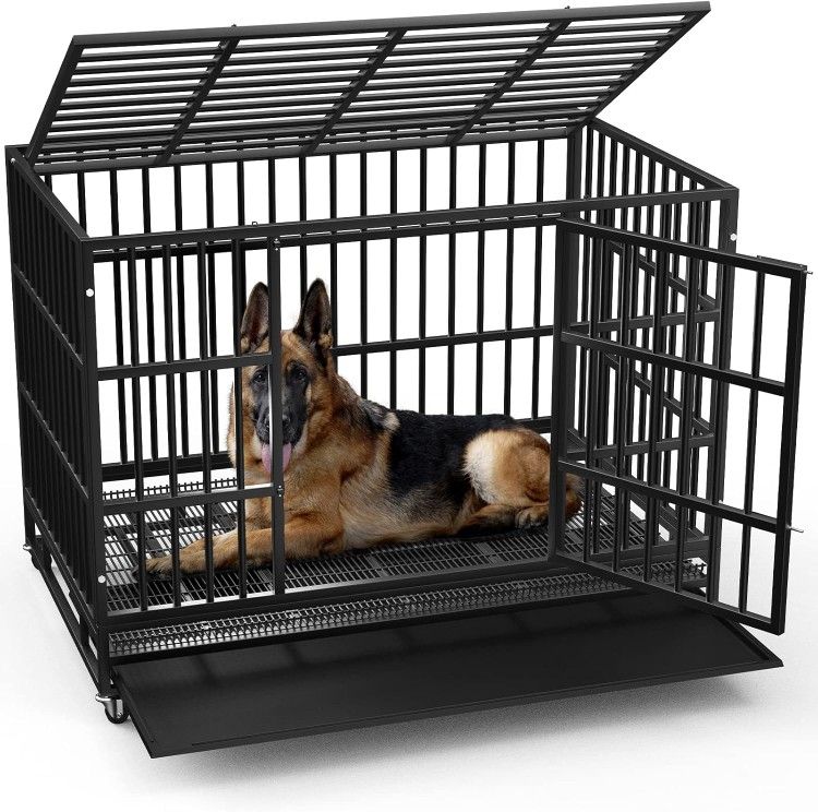 48 inch Heavy Duty Indestructible Dog Crate, Escape Proof Dog Cage Kennel with Lockable Wheels,High Anxiety Double Door Dog Crate,Extra Large...