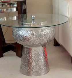 Moroccan Silver Embossed Metal Side Table with Glass Top