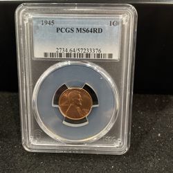 1945 P Gem Uncirculated Lincoln Wheat Penny graded At MS64RD 1-11
