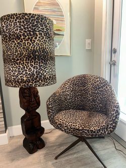 Mid Century Modern 1960s Witco Tiki Bar Jungle Room Carved Tiki Lamp with Leopard Shade/Baumritter Steel Frame Leopard Chair