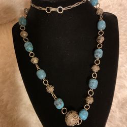 Vintage Silver Tone Stainless Steel Necklace With Blue Genuine Stones…18”long