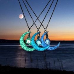 Crescent moon with orb Luminous necklace Jewelry gift moon stars boho w/gift box!