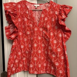 Crown & Ivy Red Floral Blouse w/ Ruffle Sleeves, Size 1X