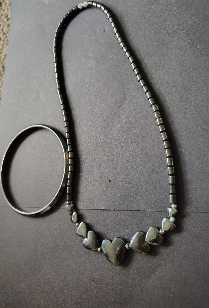 Hematite Heart Necklace And Bracelet