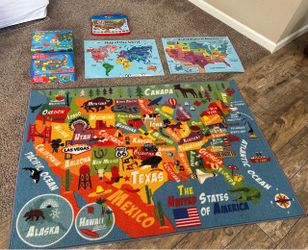 6 Piece United States and World Map LOT-Rug, Puzzles, Wall Art & Vtech Explore & Learn
