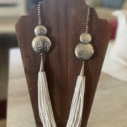 Vintage Shell Heishi Bead Torsade Necklace 29" White Silver Tone Boho Necklace