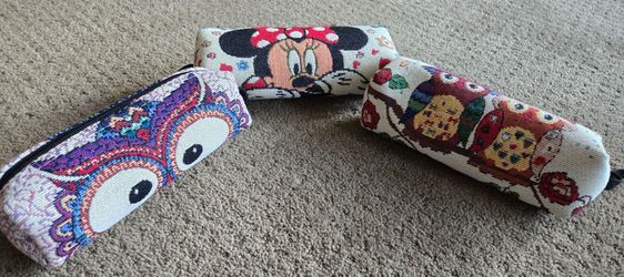 New Set of 3 Tapestry Pencil, Make-Up or Accessories Cases - Minnie Mouse and 2 Owl Designs