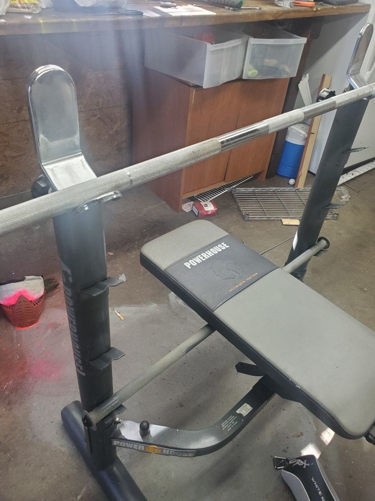 Powerhouse bench with 45lb chrome Olympic size straight bar and 245 lbs ...