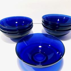 Vintage Bormioli Rocco Sapphire Blue Glass Set of 7 Fruit Bowls 5”. 