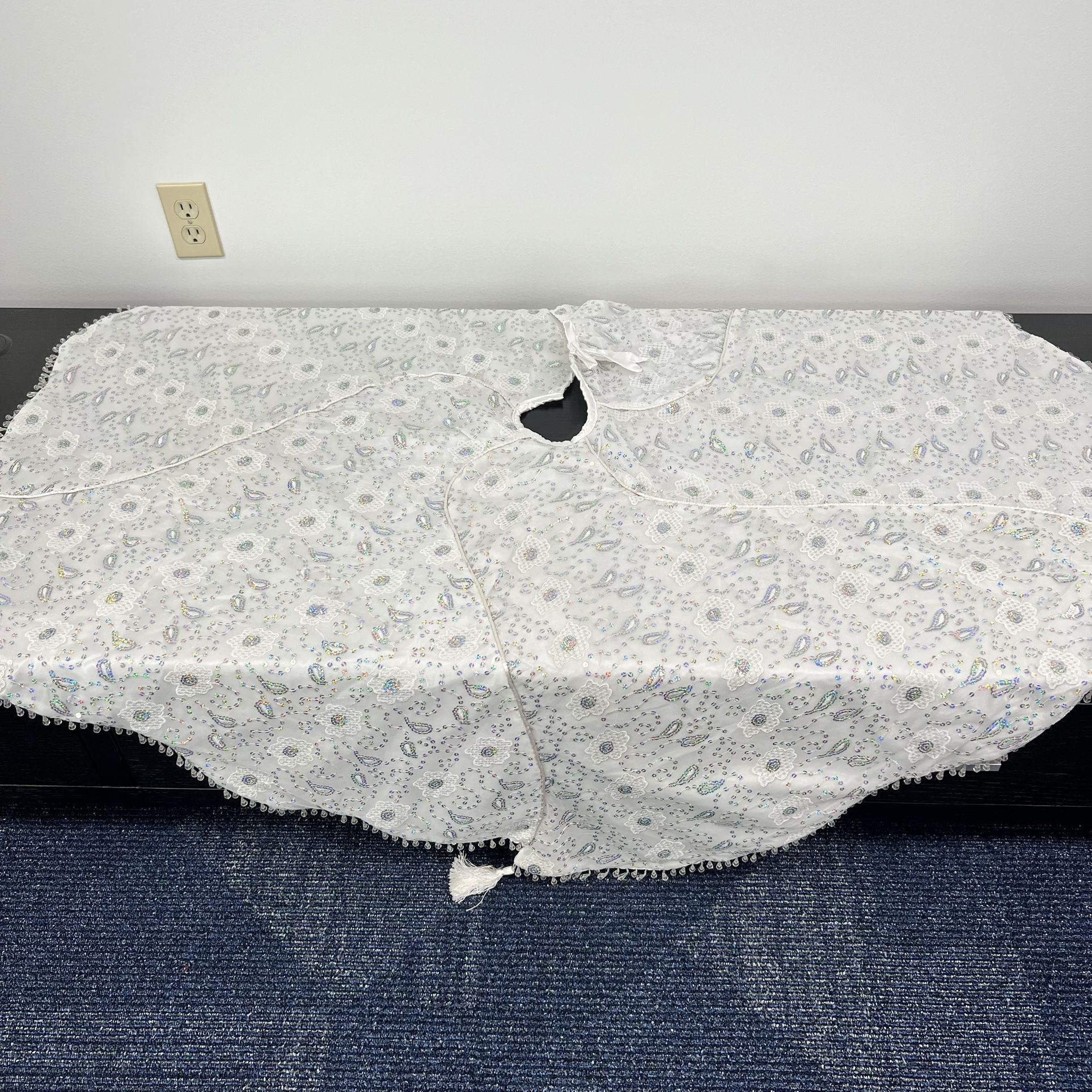 White Iridescent Sequin Tree Skirt – Elegant Holiday Decor