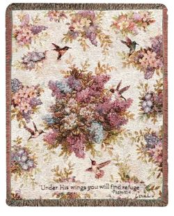 Woven tapestry throw blanket Whisper Wings by Lena Liu Humming birds / florals quote  New in package . Unopened.  100 % cotton  50”x60”