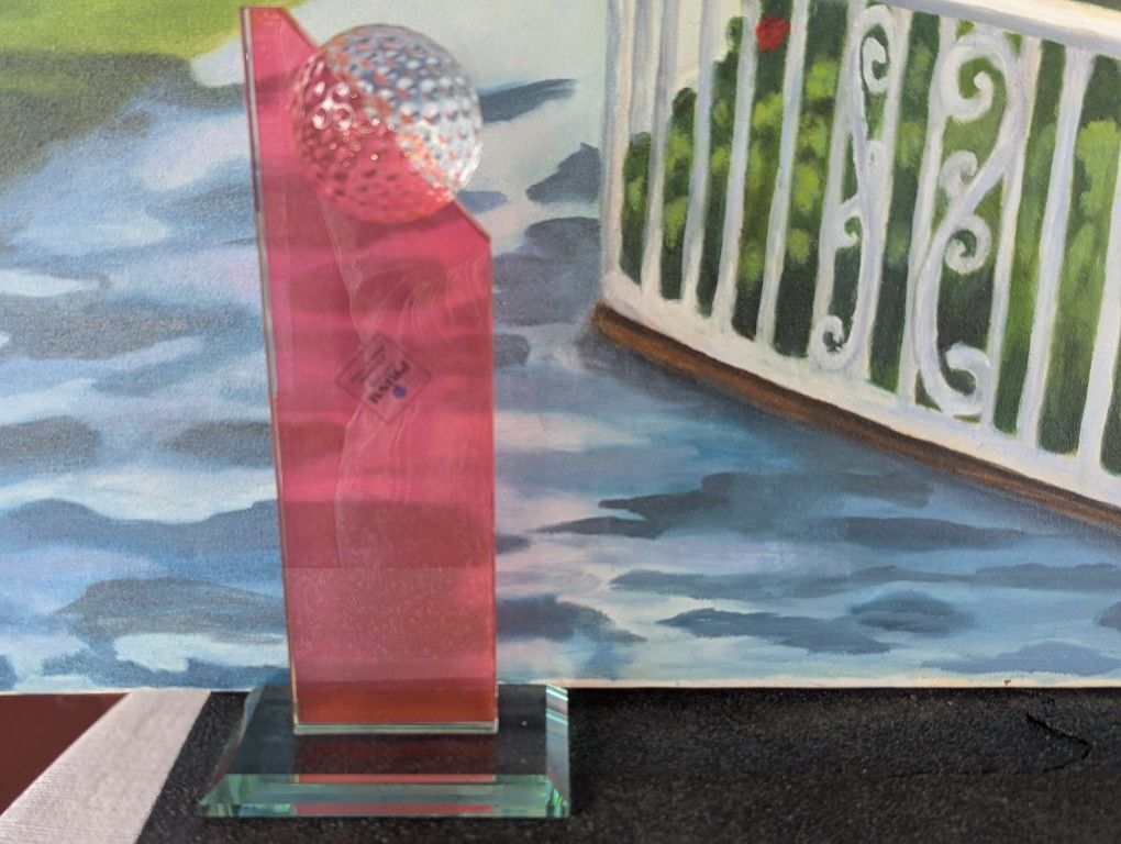 Glass golf award, NEW IN BOX, NOT ENGRAVED, trophy, Large, Golf Tower, Golf Ball, Crystal