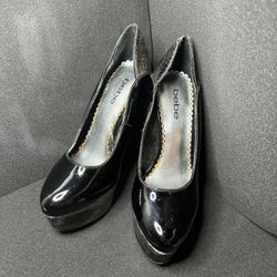 Bebe Leather Black Silver Crocodile Print Heels Shoes Wedge