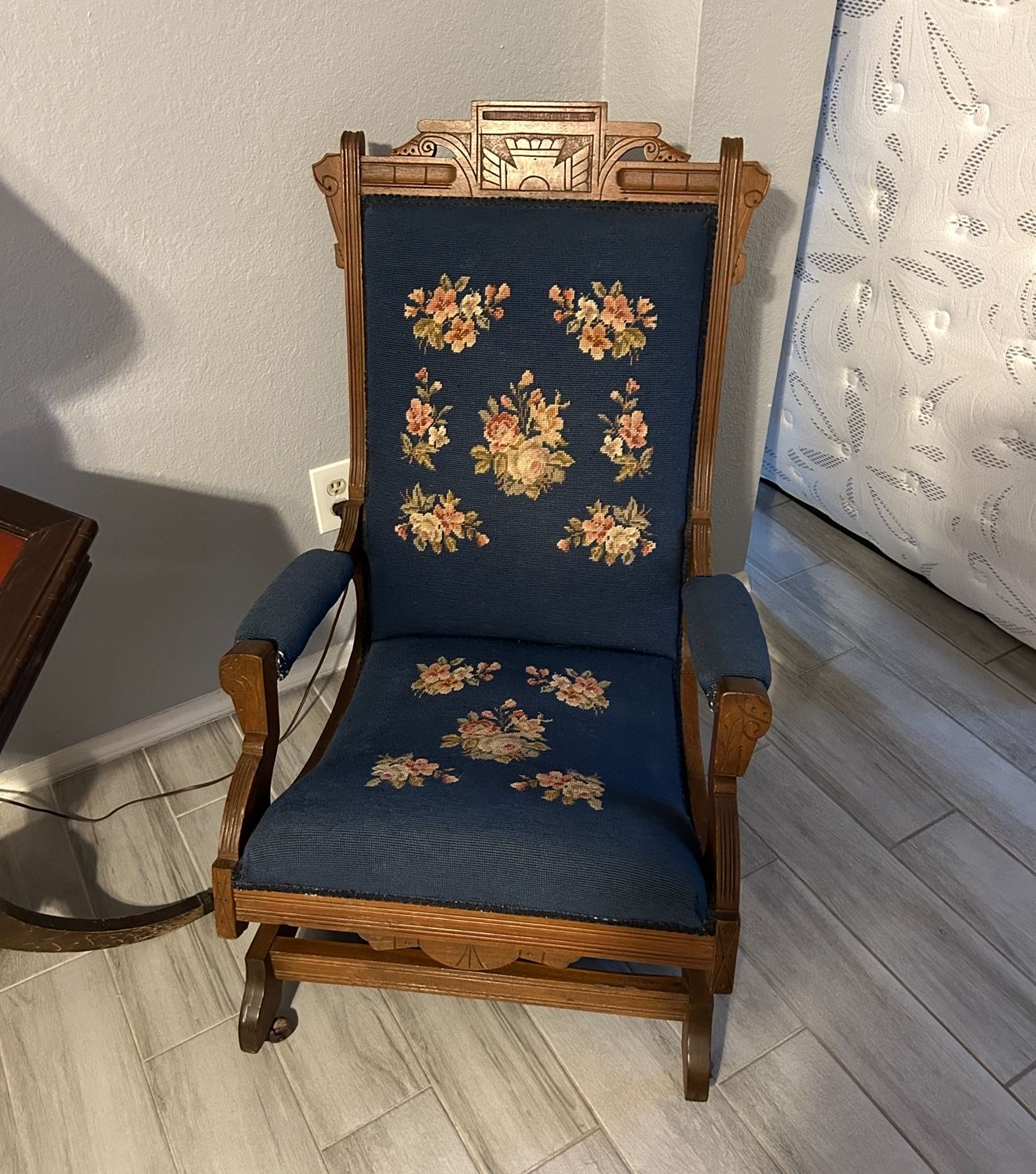 Antique Blue Needlepoint Floral Rocking Chair on wheels