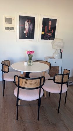 Modern Round white tabletop dining table & 4 chairs pink boucle