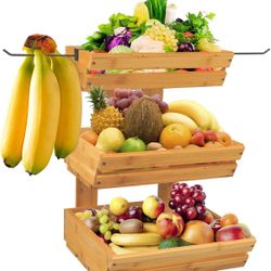 3 Tier Standing Bamboo Basket With Banana Hangers, for Fruits, vegetables, Snacks, or Bread - For Table, Kitchen, or Counters Tops.