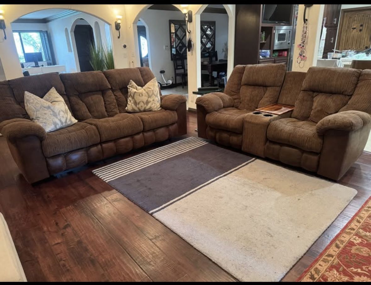 Brown Power Reclining Sofa Set – 3-Seat Couch & 2-Seat Recliner with Console
