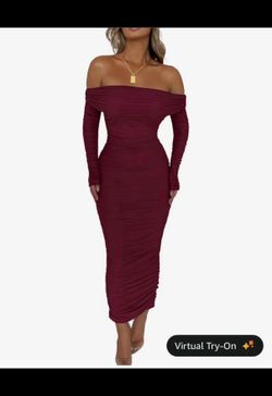 PRETTYGARDEN Women's Fall Off The Shoulder Maxi Dress Spring Long Sleeve Ruched Fitted Bodycon Club Dresses with Slit (Large, Wine Red)