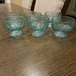 6 ANCHOR HOCKING LIDO MILANO AQUA FOOTED DESSERT SHERBET DISHES 2 7/8" tall.