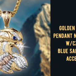 Golden Eagle Head Pendant Necklace w/cz's & Blue Sapphire, 20"