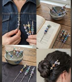 7pc Upcycled Charm Hair Pins Bookmark Picks Set (5.5") Beaded Hair Sticks Boho Page Markers, Gift Set