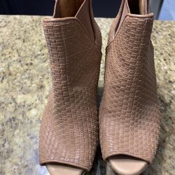 WOMENS UGG TAN LEATHER PEEP TOE WEDGE BOOTIE SZ  7