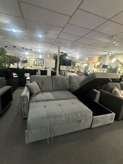 Brand New Gray Velvet Sectional Sofa with Storage Chaise