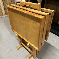 Beautiful Set of 3 Teak Wood Tv Trays with Stand $50.00