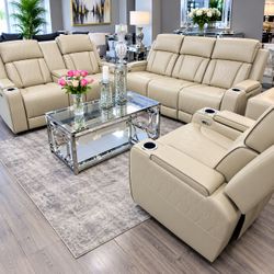 Modern 3 Piece Leather Power Recliner Sofa Set