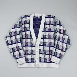 Vtg 90s Crossings Cardigan Sweater Adult White Purple Textured Size M