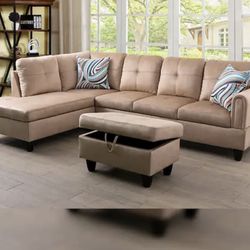 Beige Linen Sectional Couch And Ottoman 
