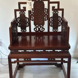 Antiquew Chinese Rosewood Throne Chair with Intricate Hand-Carved Detailing