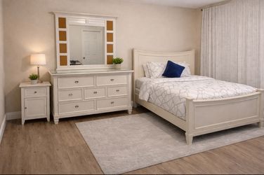 White Bedroom Furniture Set - Bed, Dresser with Mirror & Nightstand