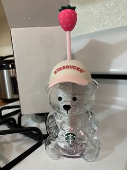 Starbucks Bear Glass Cup with Strawberry Straw