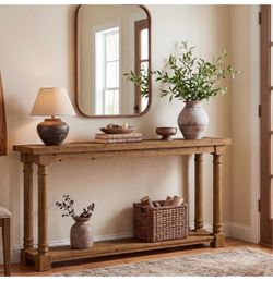 SL0316 63" Solid Wood Entryway Table, 2-Tier Console Table with Storage Farmhouse Entry Table with Turned Spindle Legs, Narrow Long Sofa Table, Living
